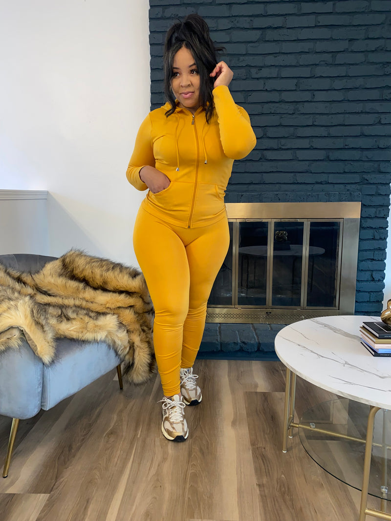 Zip Front Hoodie Legging Set|Plus Size|Mustard