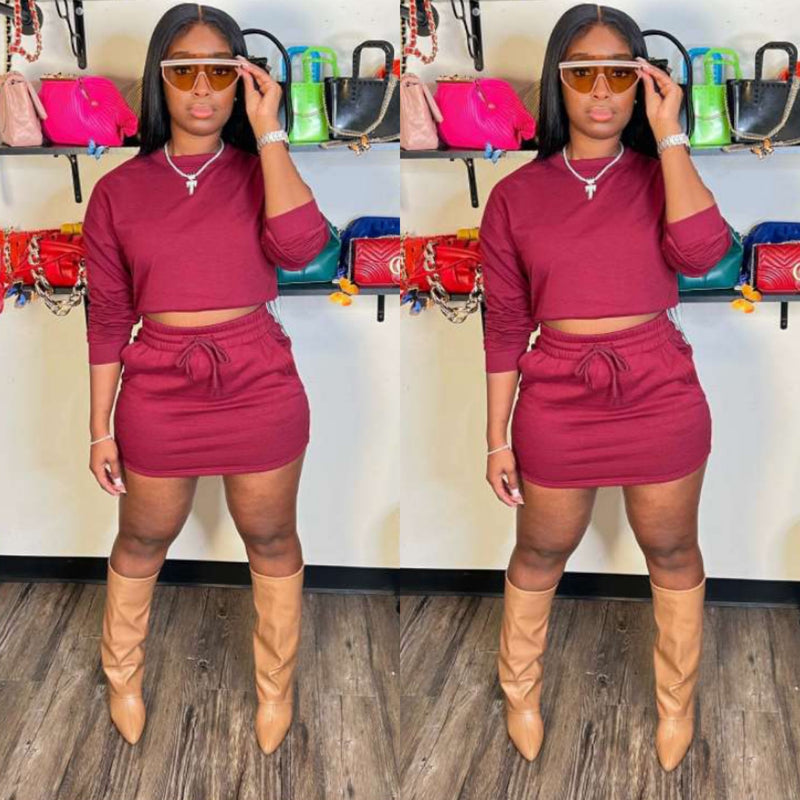 Casual Long Sleeve Drawstring Skirt Set| Burgandy