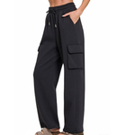 Fleece Cargo Wide-leg Sweatpants| Black