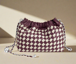 Vintage Hand Woven Leather Ruched Handbag| Burgandy & White