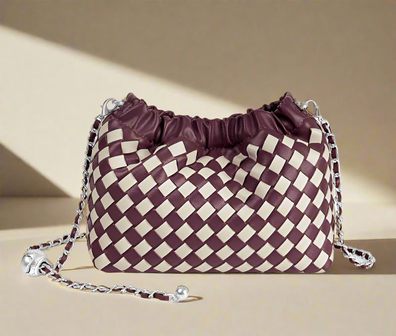Vintage Hand Woven Leather Ruched Handbag| Burgandy & White