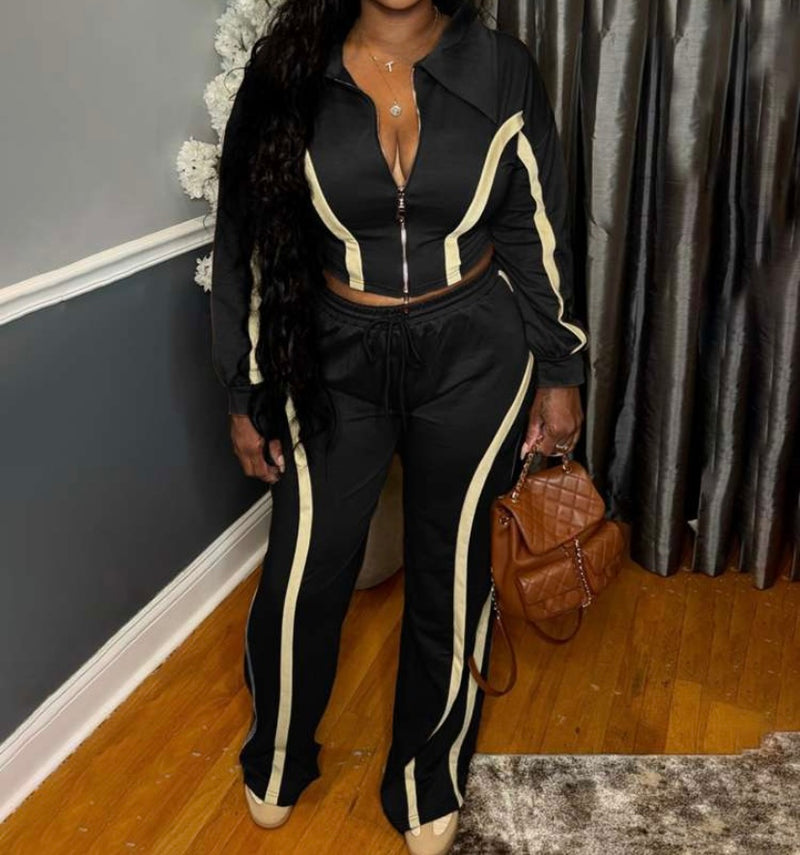 Retro Collar Jacket Pants Set| Black