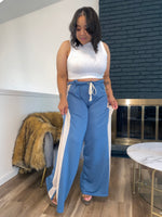 Two Tone Retro Wide Leg Joggers| Blue & Cream