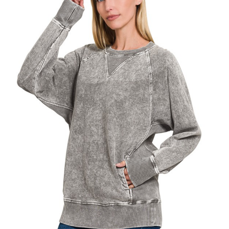 Acid Wash Sweatshirt with Pockets| Ash Black