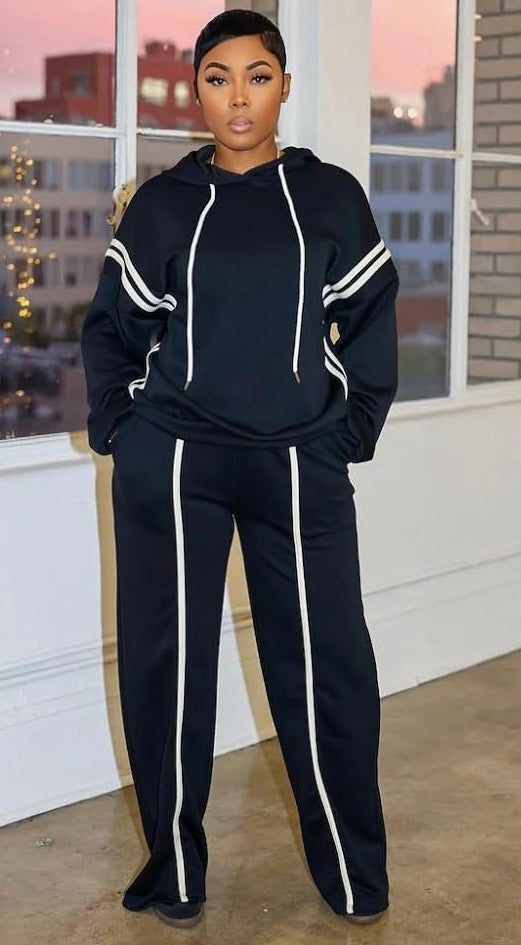Pin Stripe Hooded Pants Set| Black