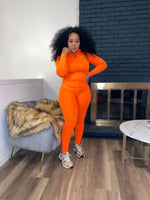 Zip Front Hoodie Legging Set|Neon Orange