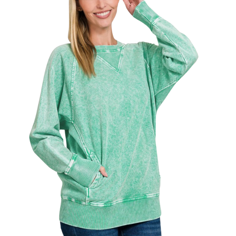 Acid Wash Sweatshirt with Pockets| Green