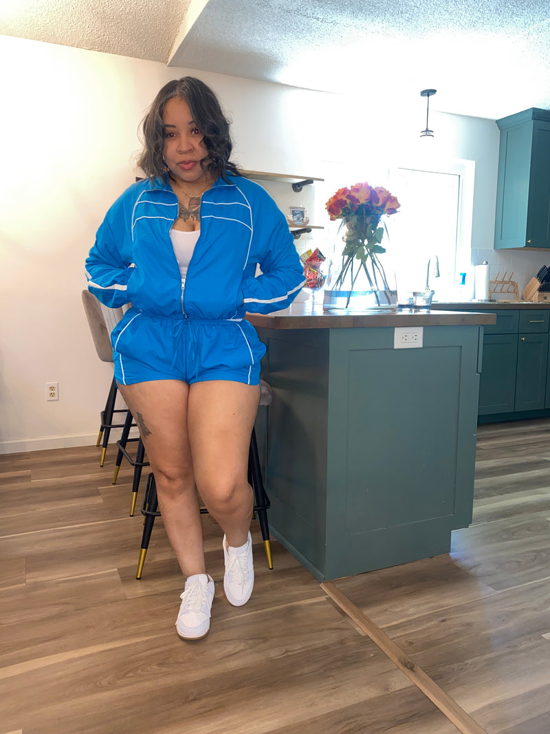 2PC Windbreaker Jacket Short Set| Blue