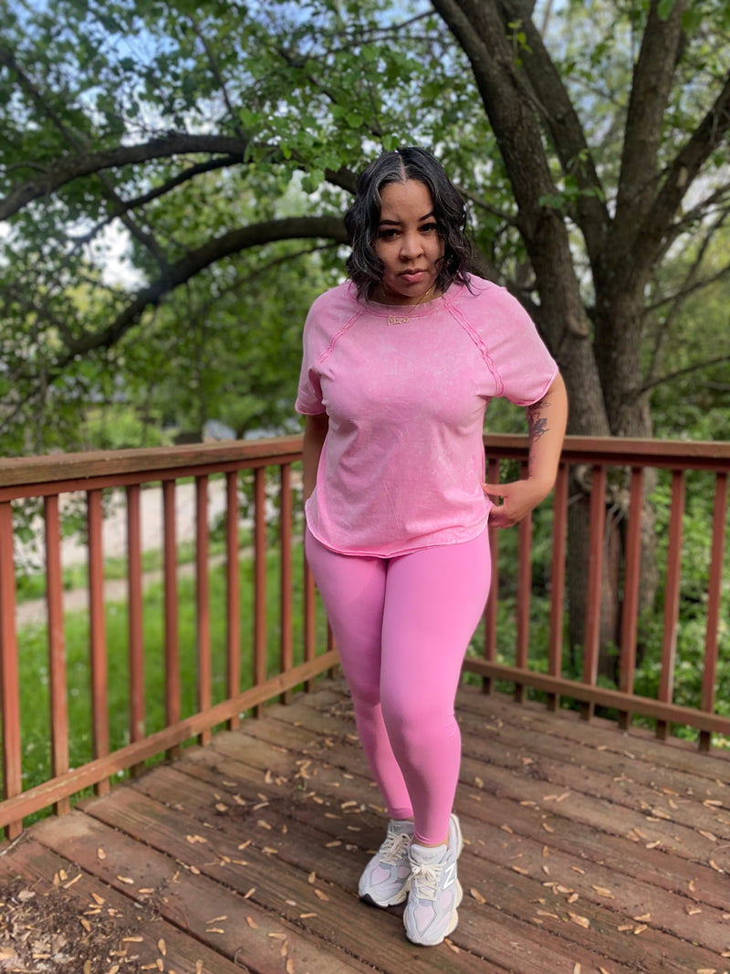 Crinkle Washed T-Shirt Legging Set| Pink