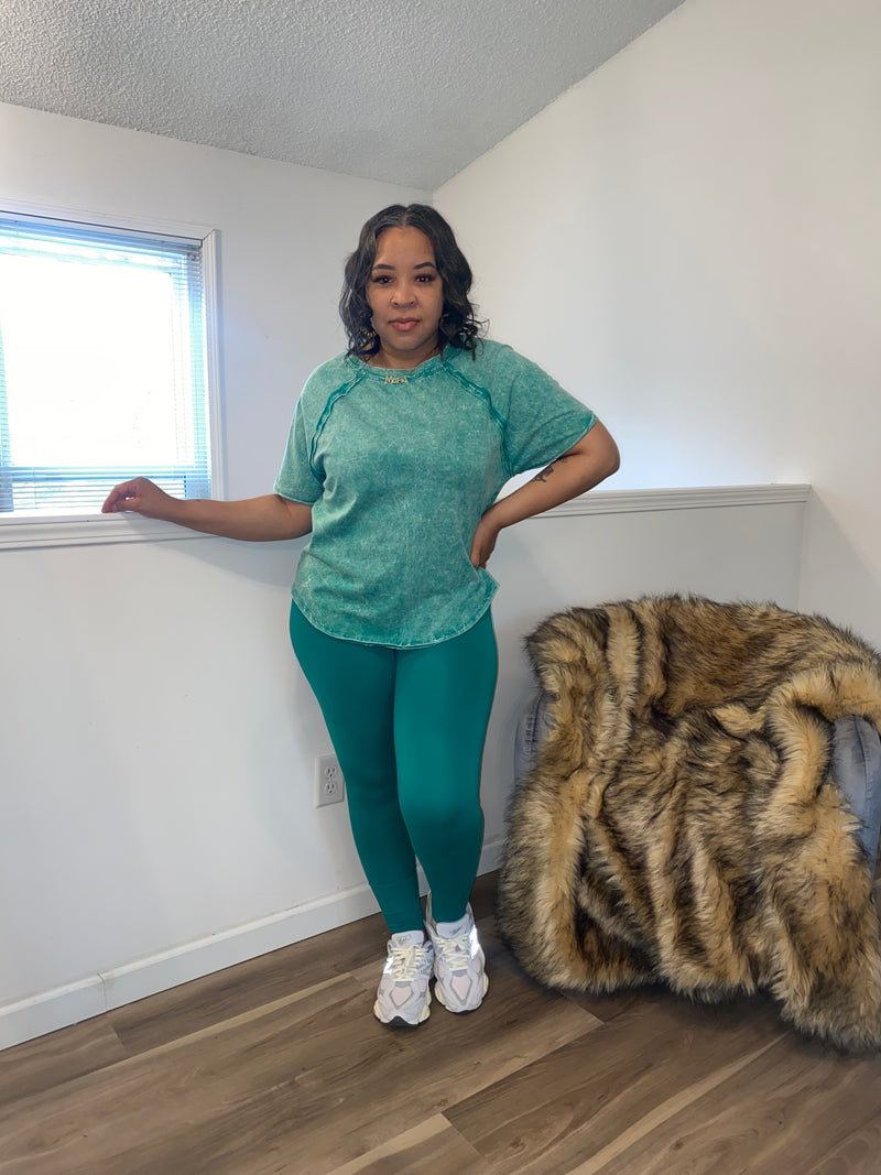 Crinkle Washed T-Shirt Legging Set| Green
