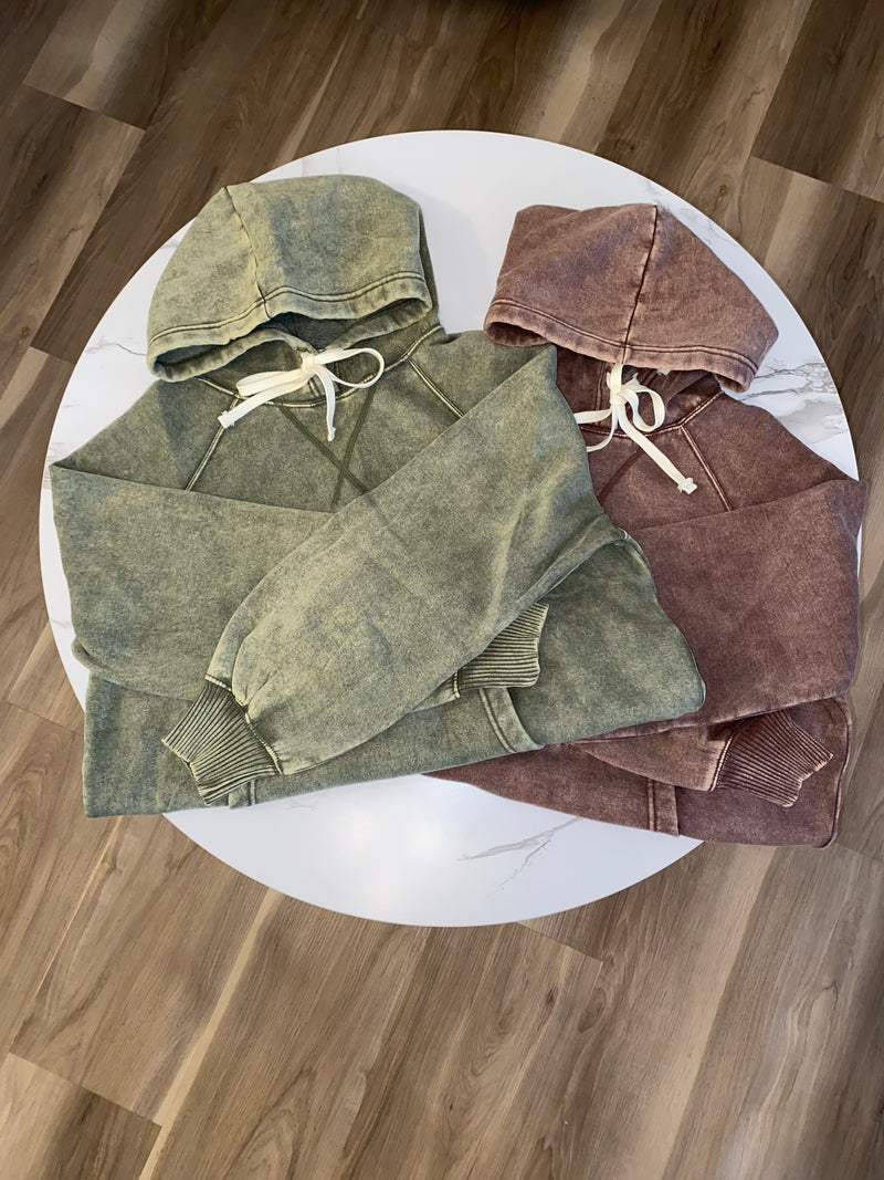 Acid Wash Hoodie with Pockets| Olive