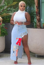 Embroidery Patch Denim Skirt With Split| Blue