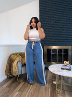 Two Tone Retro Wide Leg Joggers| Blue & Cream