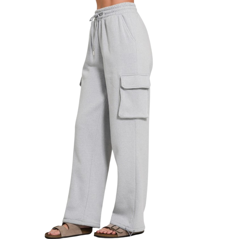 Fleece Cargo Wide-leg Sweatpants| Grey