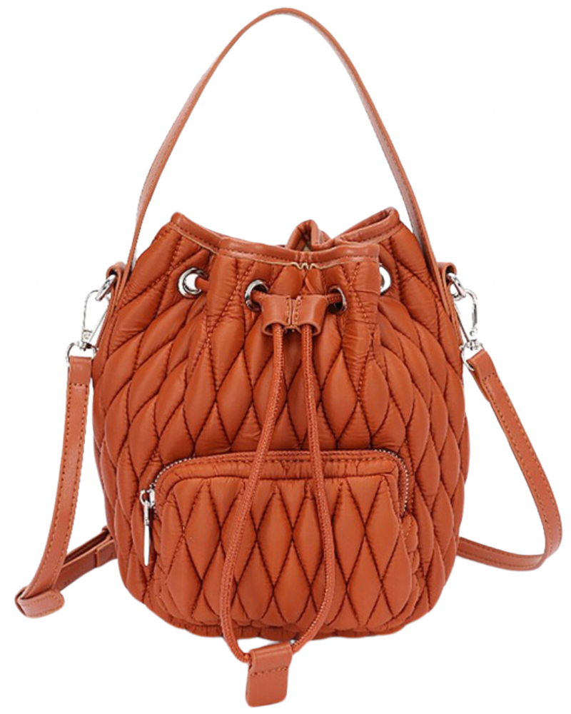 Quilted Puffer Bucket Bag| Camel