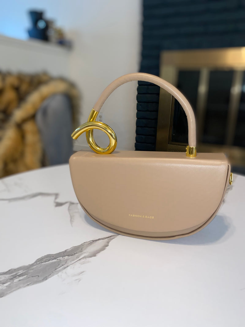 Top Handle Curve Leather Handbag| Beige