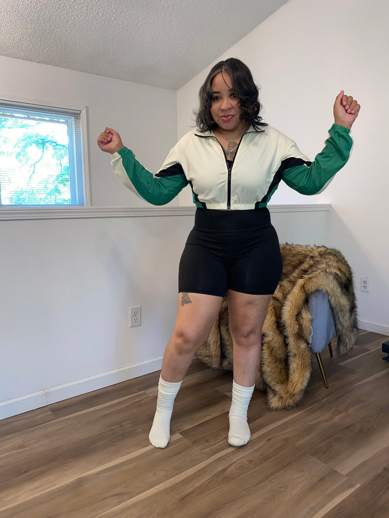 2PC Zipper Jacket Short Set| Black,Green & Nude