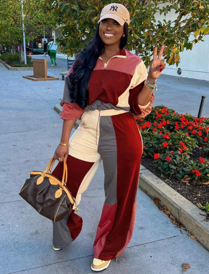 Colorblock Zipper Sweatshirt Pants Set| Burgandy