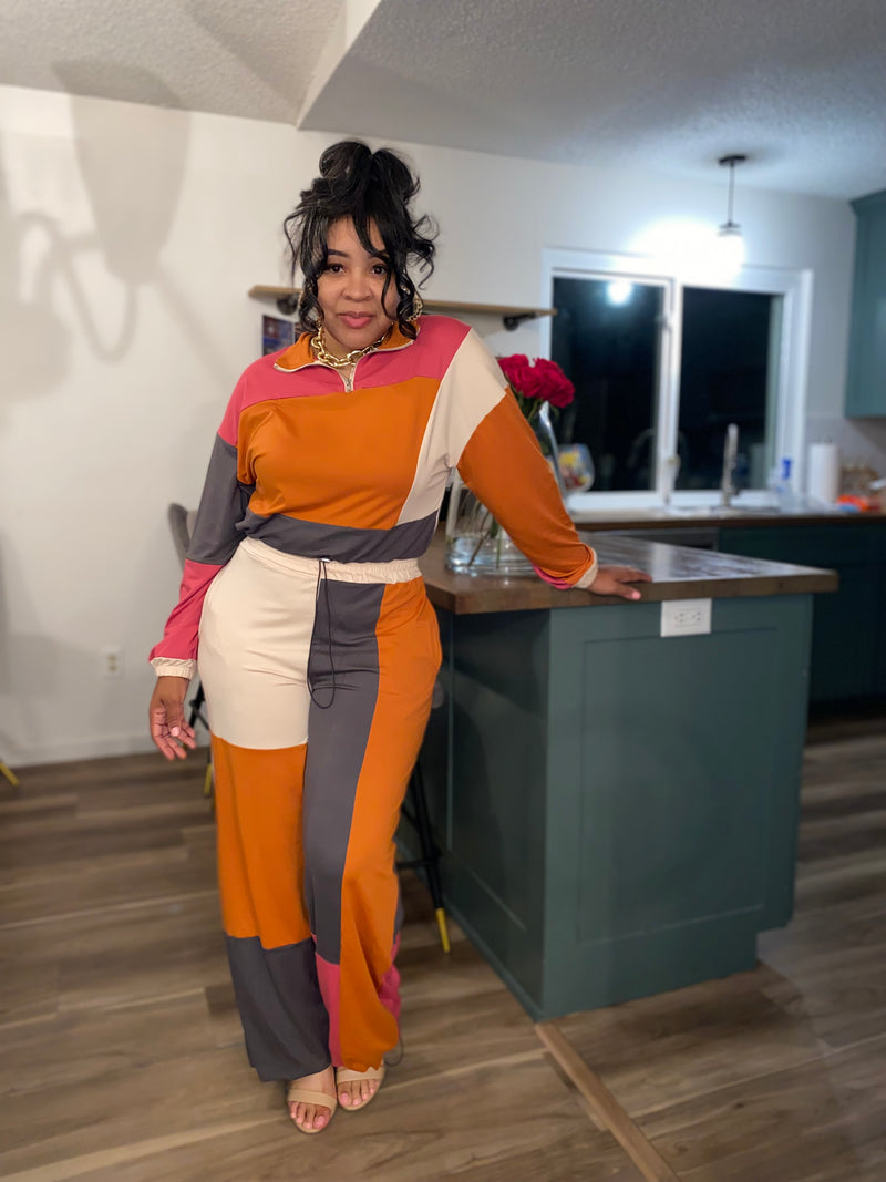 Colorblock Zipper Sweatshirt Pants Set| Orange