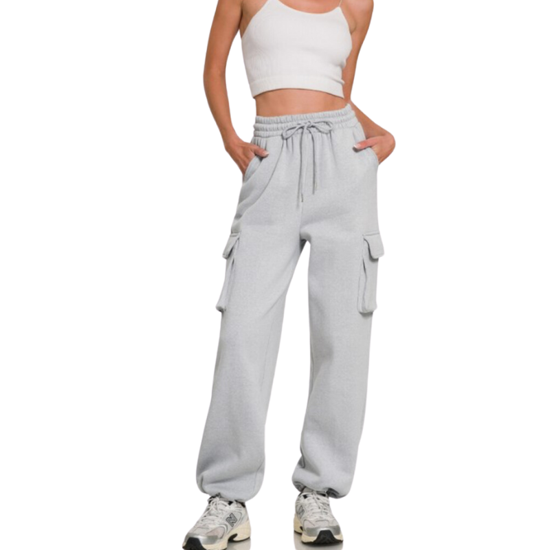 Fleece Cargo Wide-leg Sweatpants| Grey