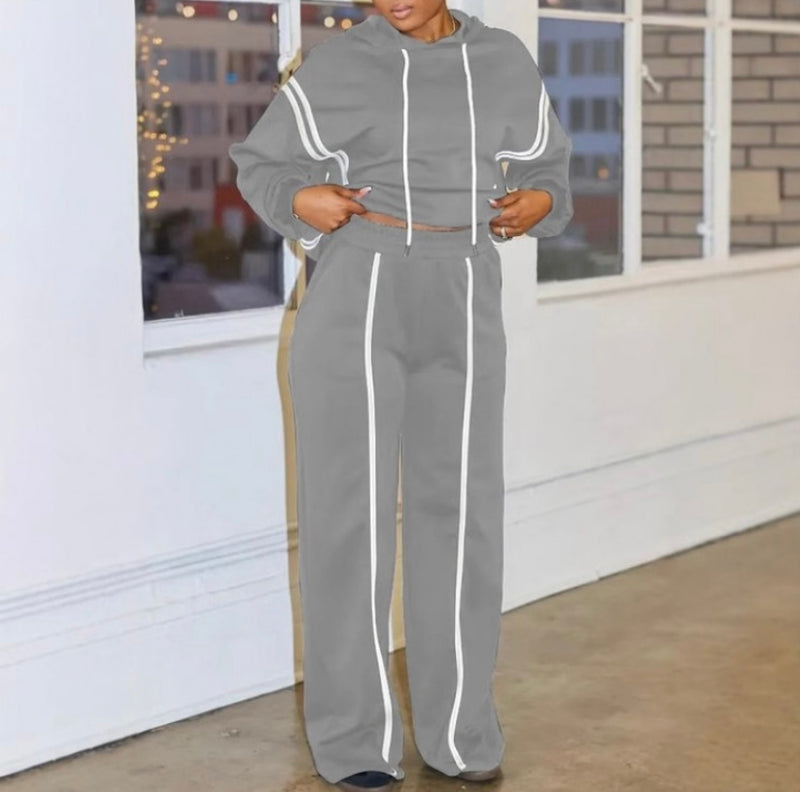 Pin Stripe Hooded Pants Set| Grey