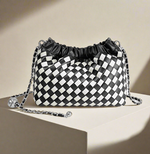 Vintage Hand Woven Leather Ruched Handbag| Black & White